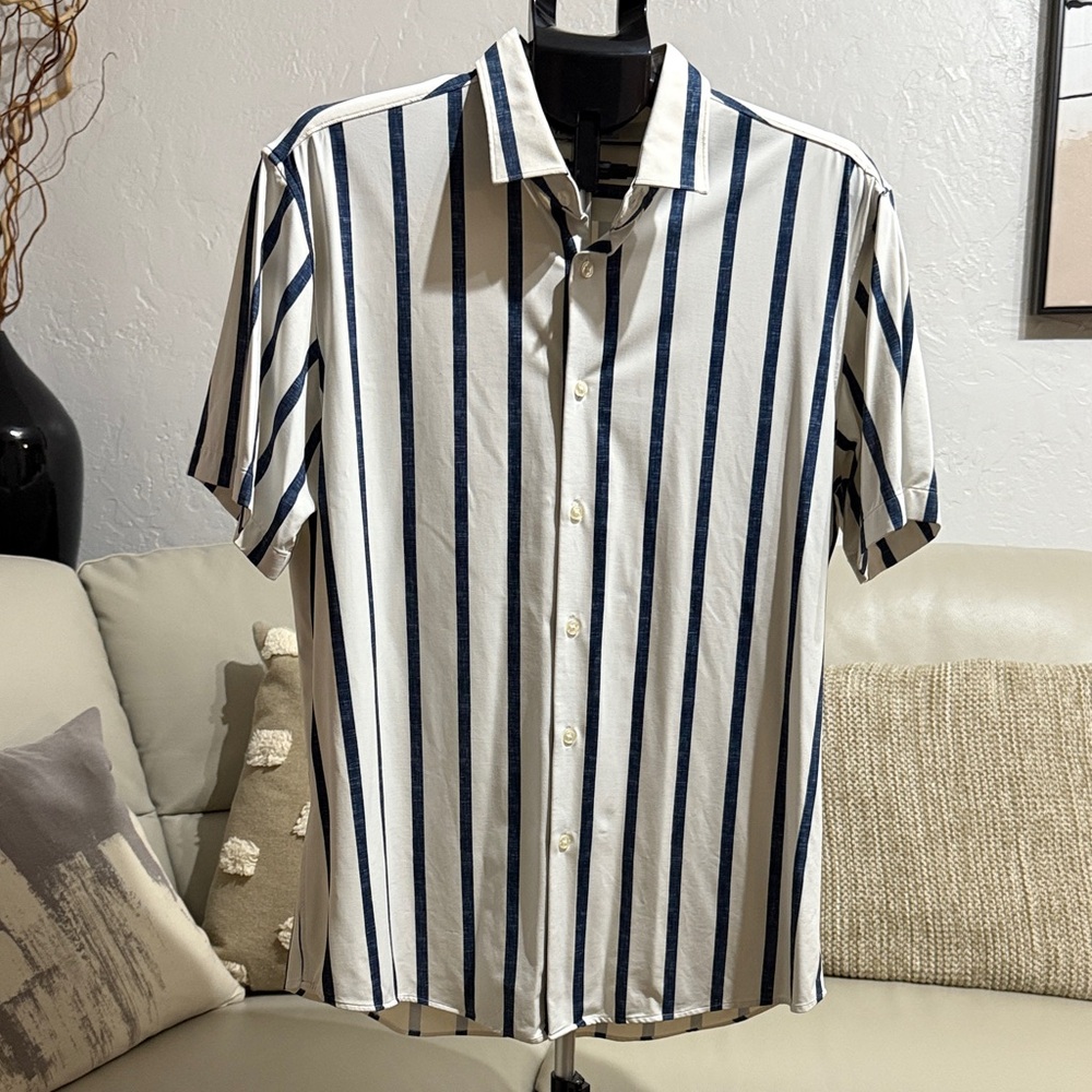 Zara Navy and White Striped Casual Shirt
